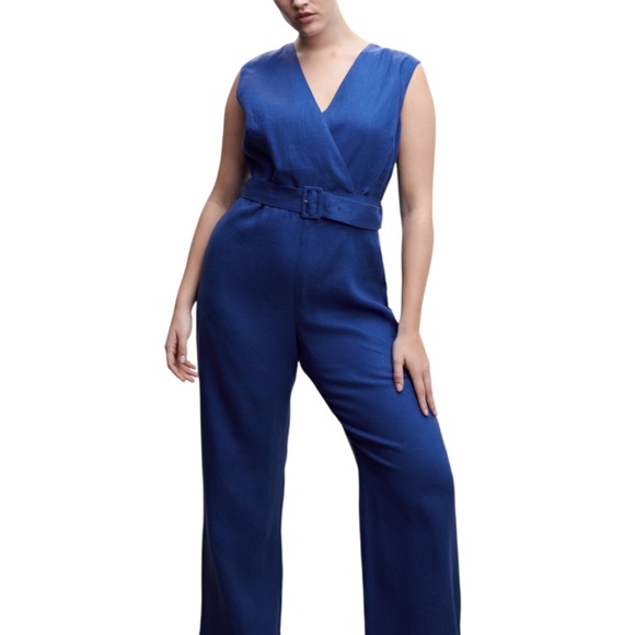 NWT MNG Women’s Linen Elegant Blue Jumpsuit with Belt - Picture 1 of 16